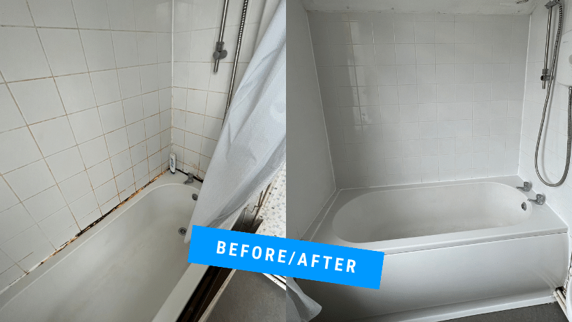 Bathroom tile re-grout and panel replacement before and after